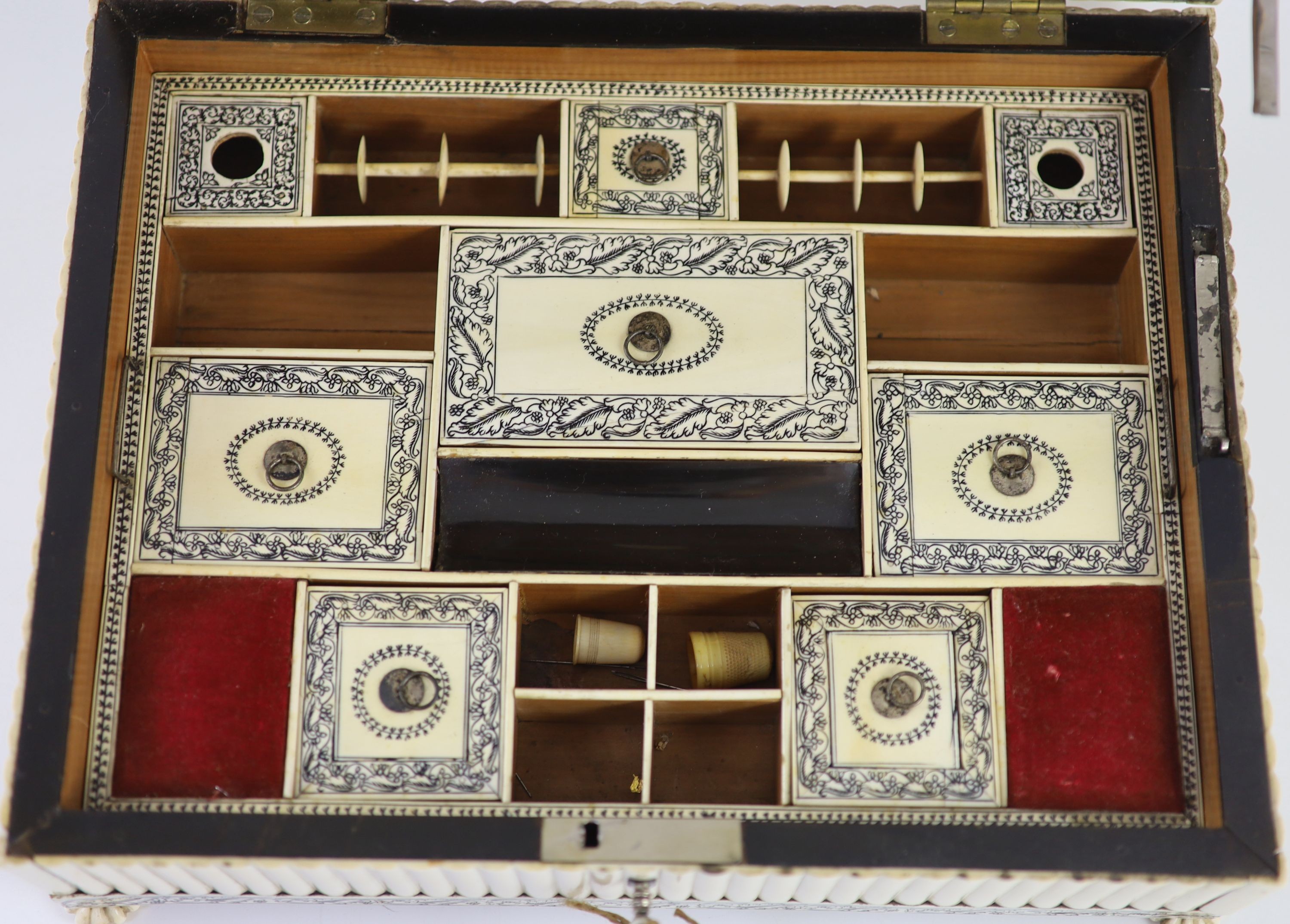 A Vizagatapatam ivory sewing casket, second quarter 19th century, width 35cm depth 28cm height 18cm
